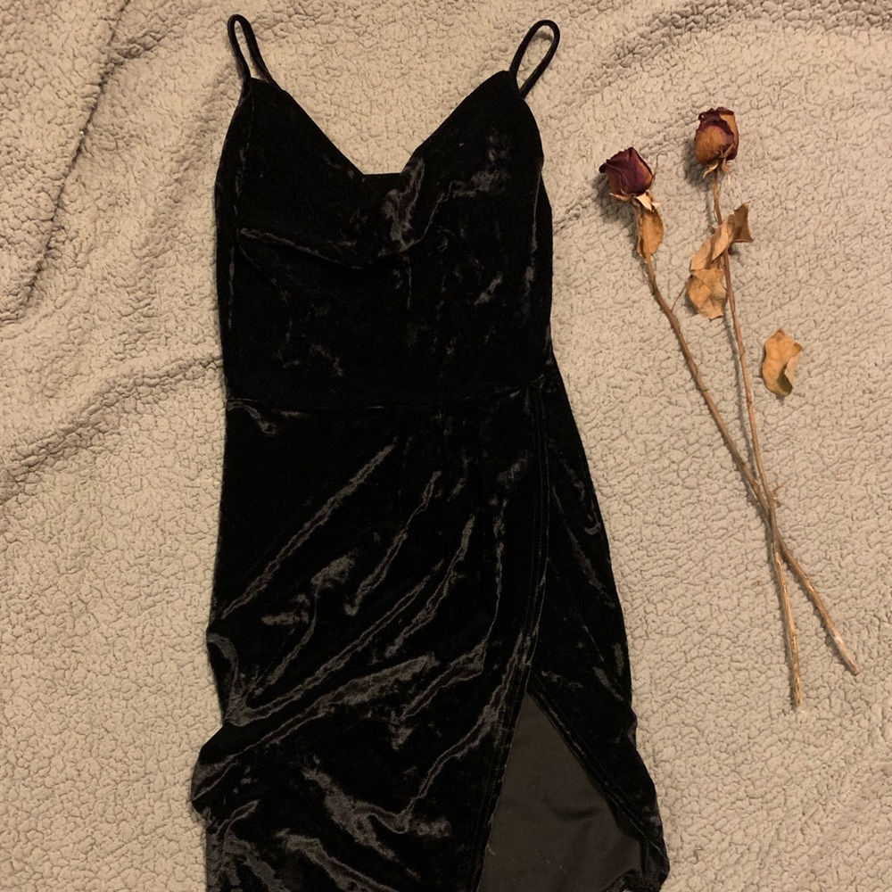 Missguided black slit full length dress.